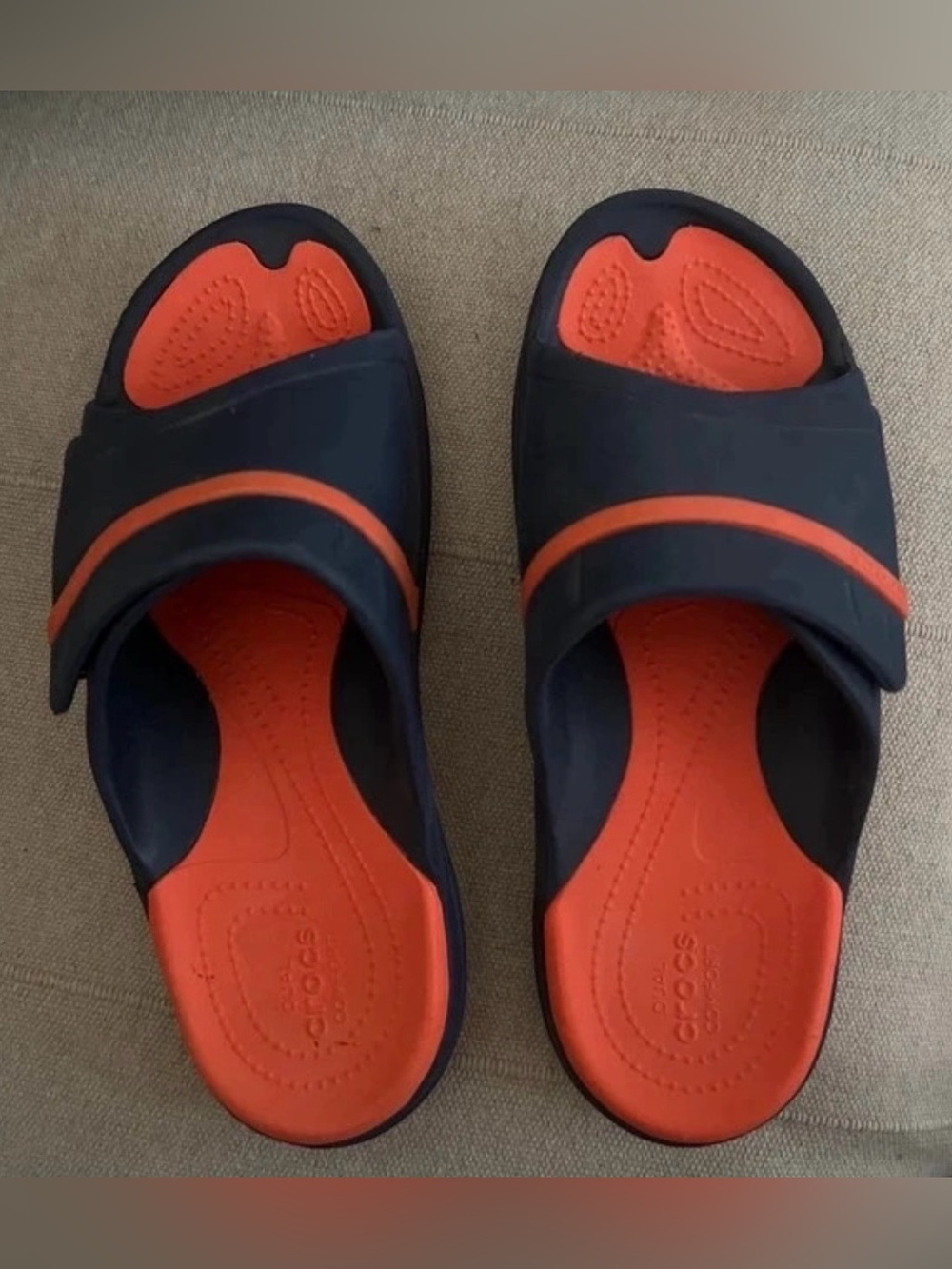 Crocs - Unisex Navy Blue and Orange Comfort Slides Size 8 Women or 6 Men